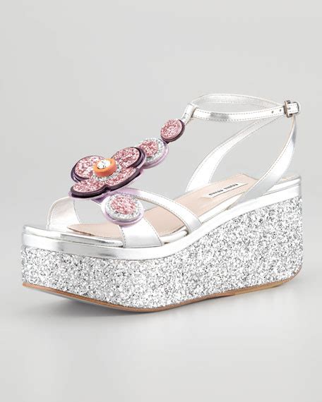 miu miu glitter wedge|Miu Miu Metallic Glitter Flower Wedge .